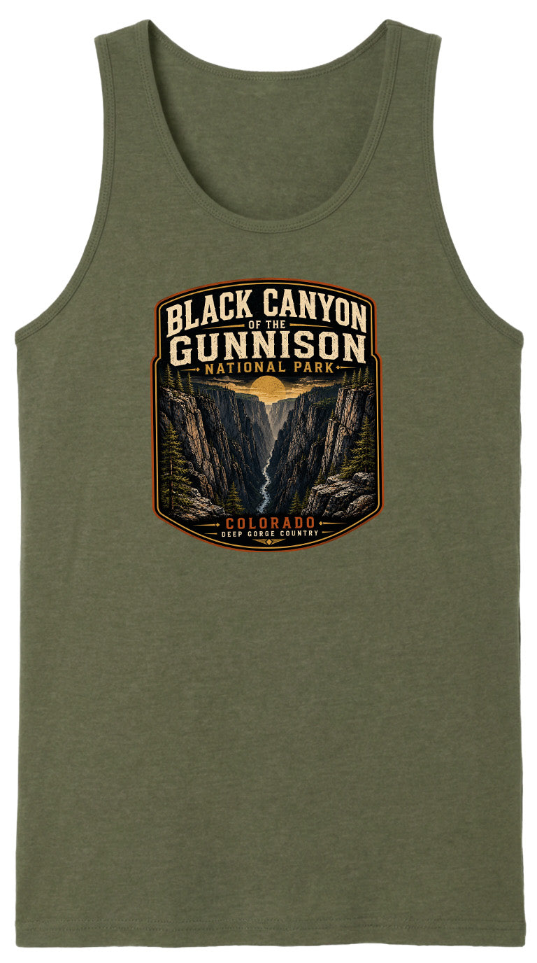 A green tank top with a graphic design depicting the Black Canyon of the Gunnison National Park in Colorado.