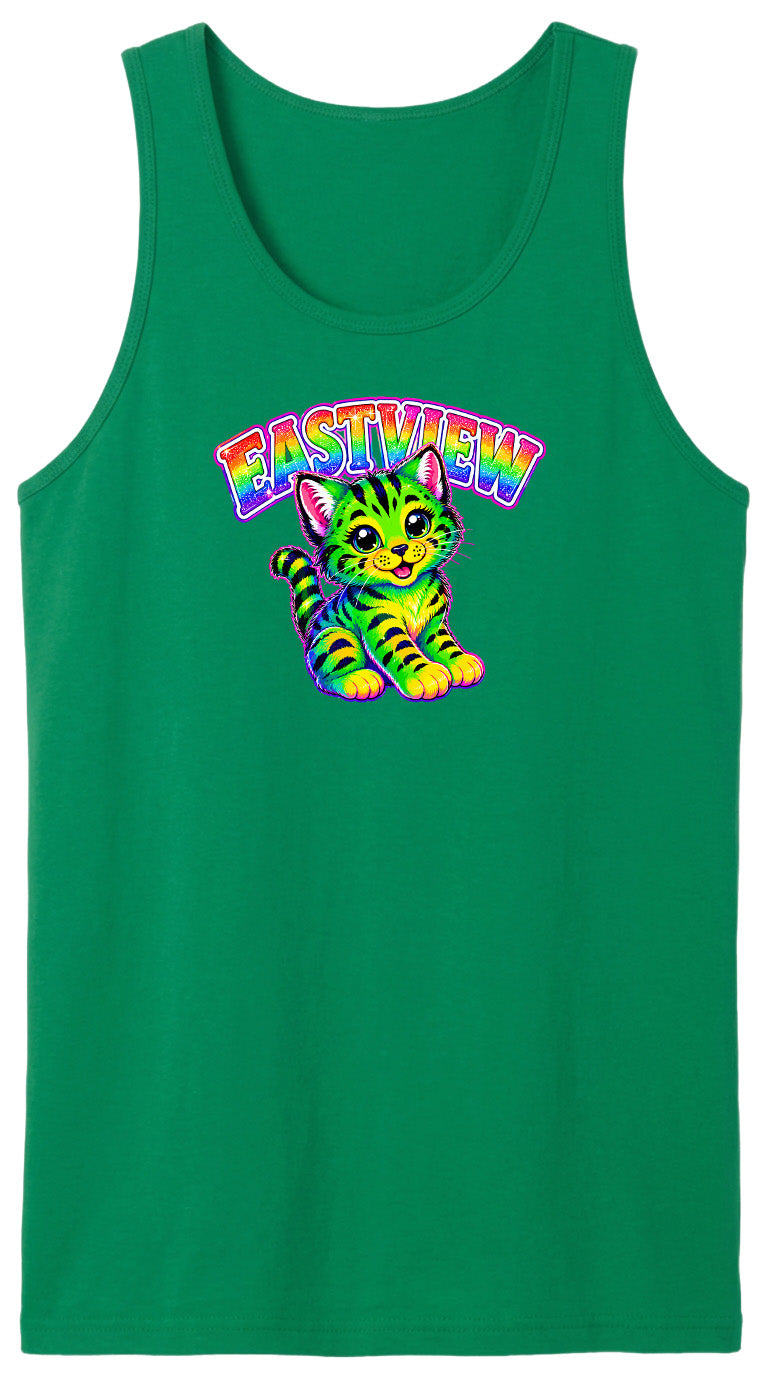 A green tank top with a colorful graphic of a cat and the text "EASTVIEW" printed on it.
