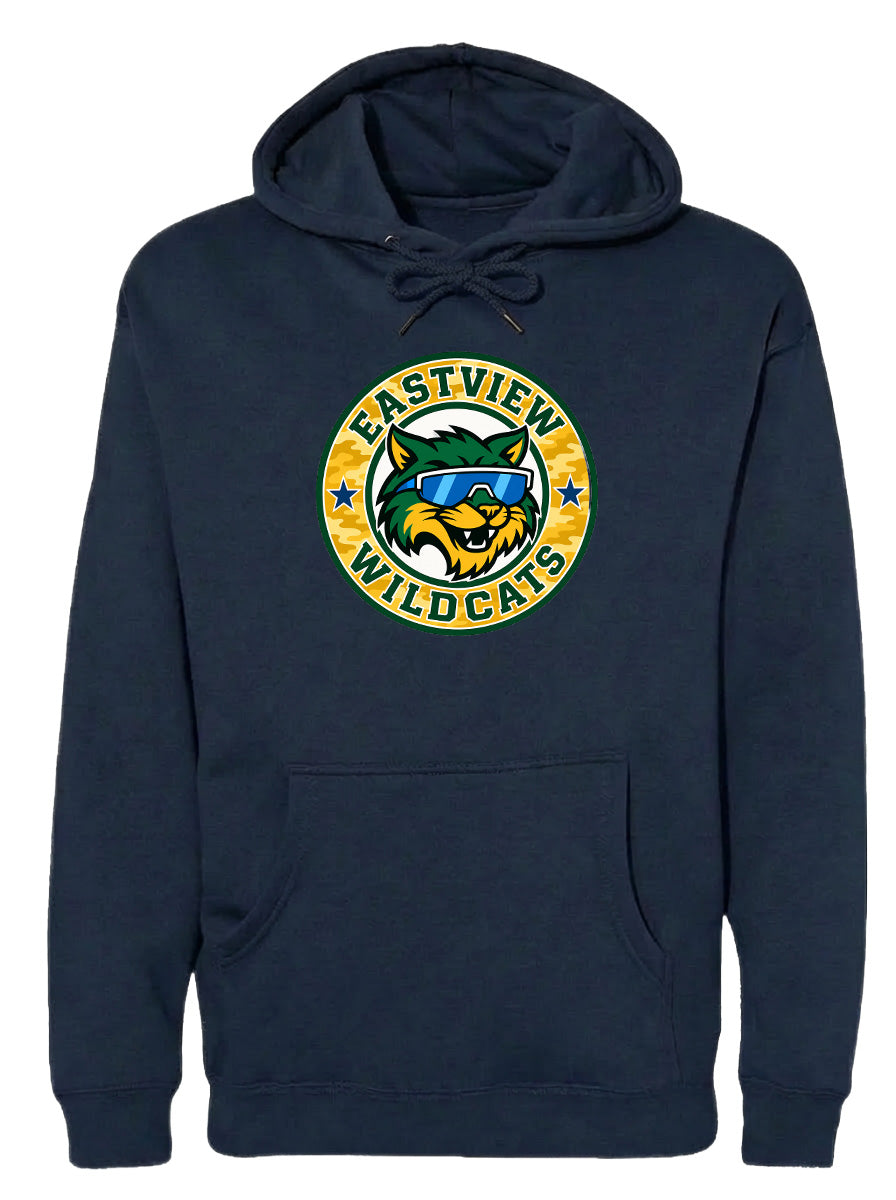 A navy blue hoodie with a graphic design featuring a cartoon cat wearing sunglasses and the text "EASTVIEW WILDCATS" printed on it.