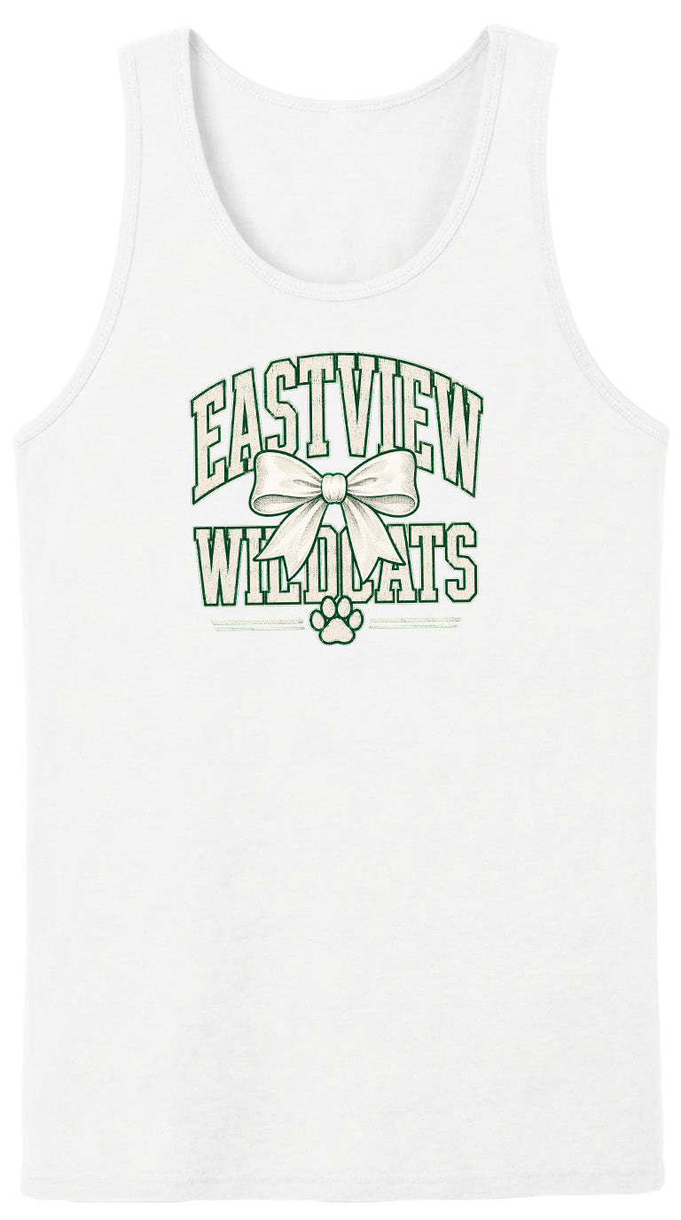 A white tank top with a graphic design featuring the text "EASTVIEW WILDCATS" and a bow.