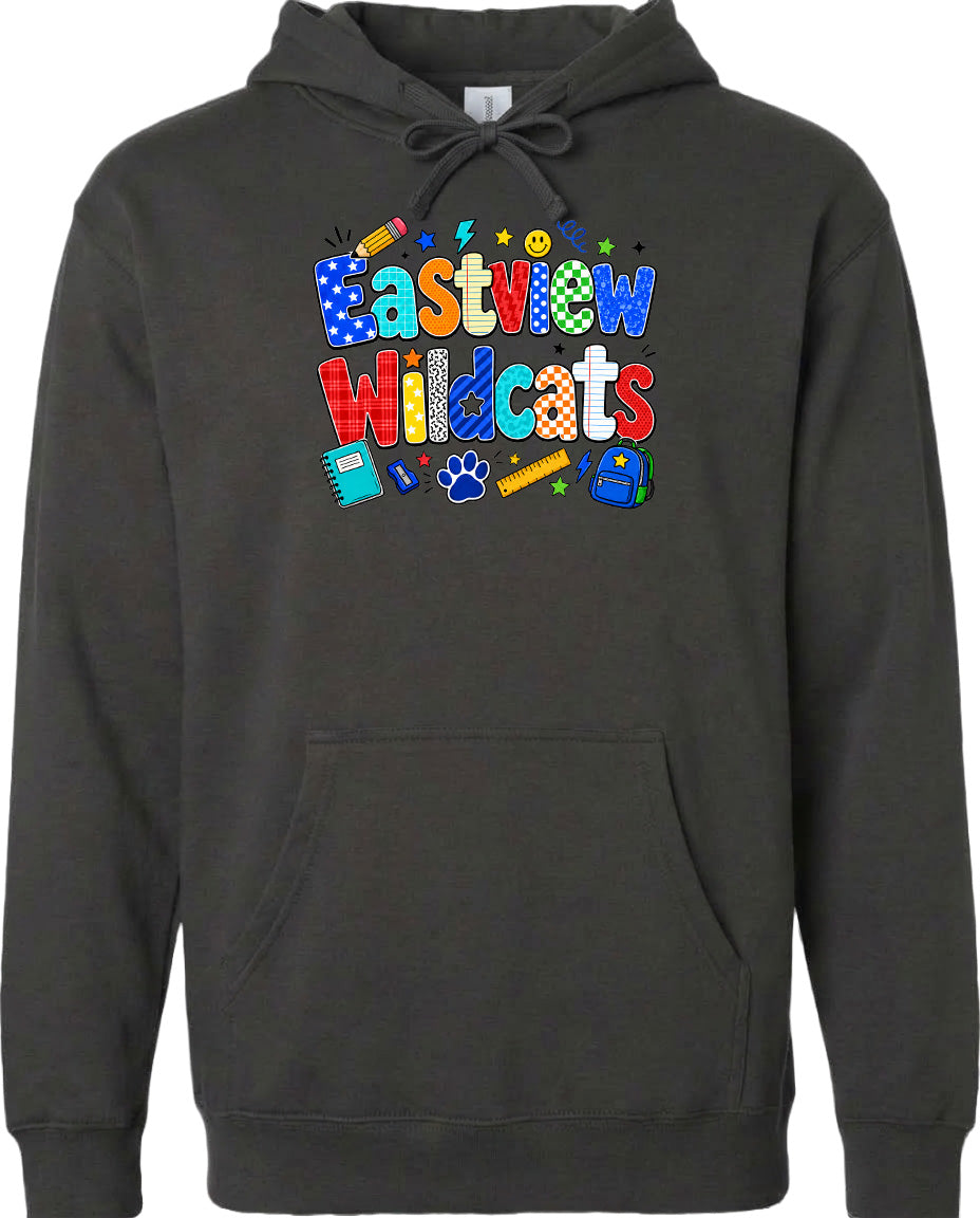 A black hoodie with a colorful graphic design featuring the text "Eastview Wildcats" and various school-related icons such as a backpack, pencil, and eraser.