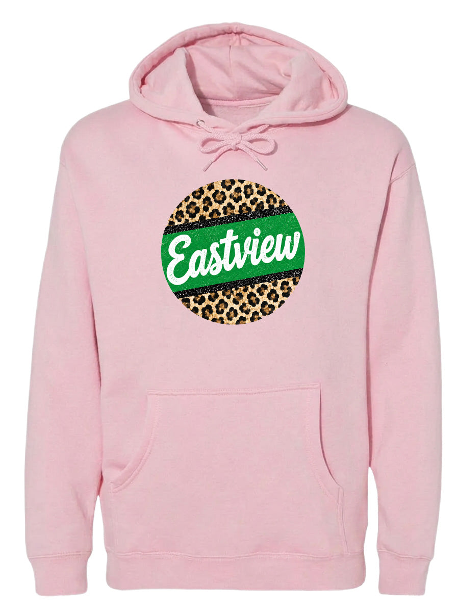 A pink hoodie with a leopard print design and the word "Eastview" printed on it.