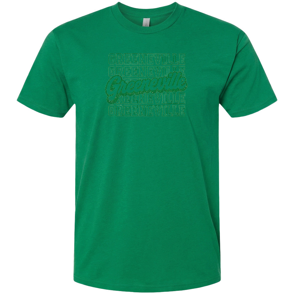 A bright green t-shirt with the text "Greenville" printed on it.