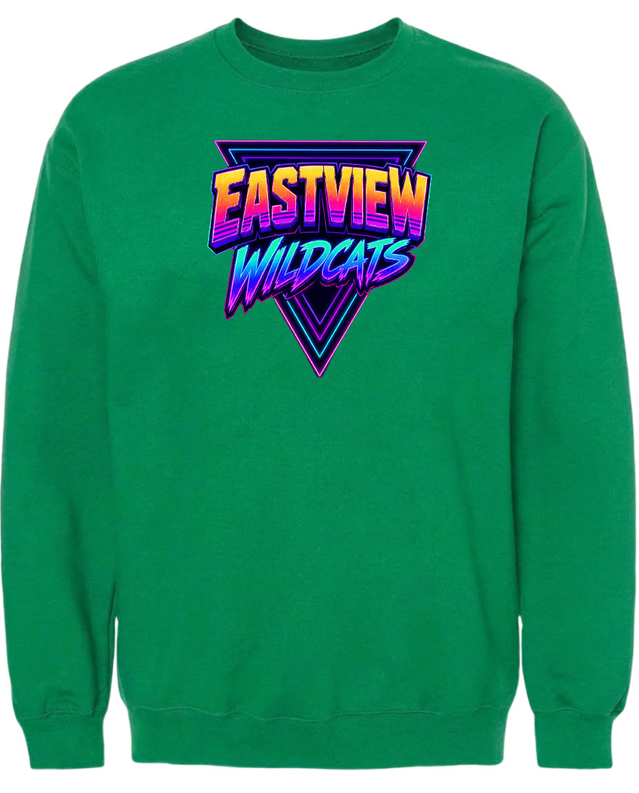 A green sweatshirt with a graphic design featuring the text "EASTVIEW WILDCATS" in a colorful, retro-style font.