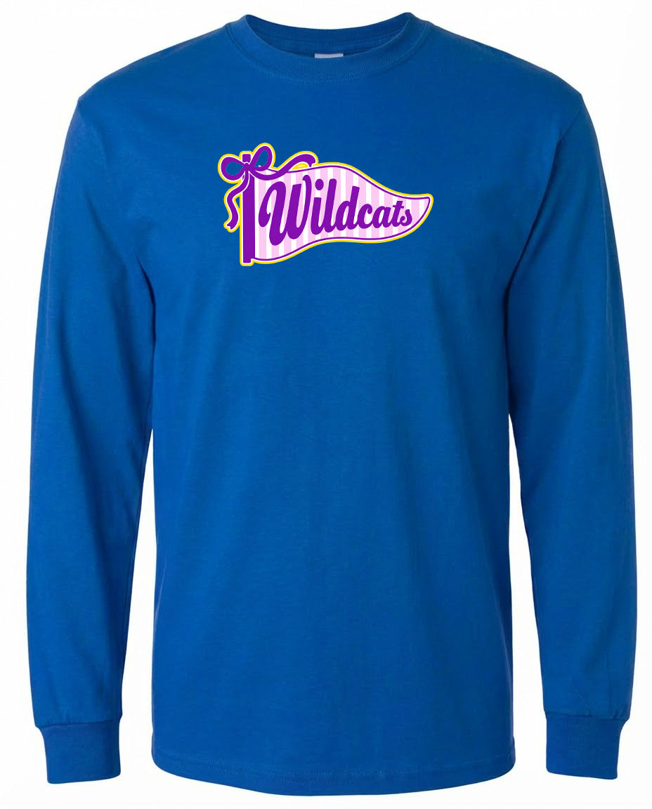 A blue long-sleeved t-shirt with a purple and yellow graphic design featuring the text "Wildcats" on it.