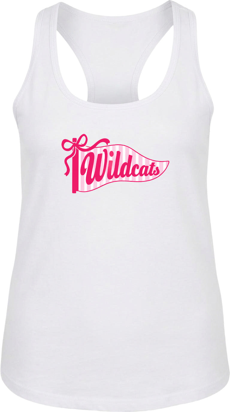 A white tank top with a pink and white banner design that says "Wildcats".
