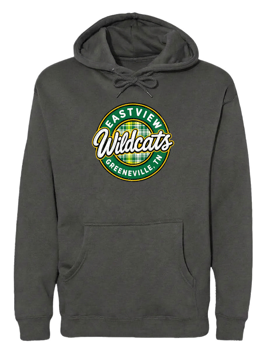 A gray hoodie with a circular logo that says "Eastview Wildcats Greeneville TN".