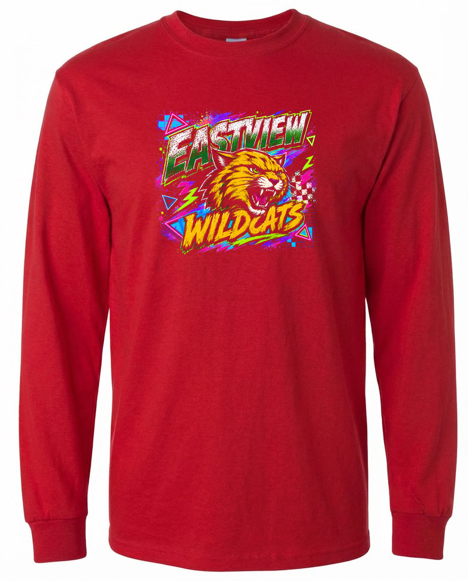 A red long-sleeved t-shirt with a graphic design featuring a fierce-looking tiger or lion's head surrounded by colorful, geometric shapes and text.