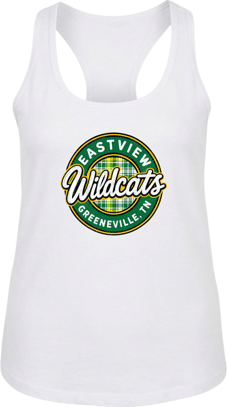 A white tank top with a circular logo that says "EASTVIEW Wildcats Greeneville, TN".