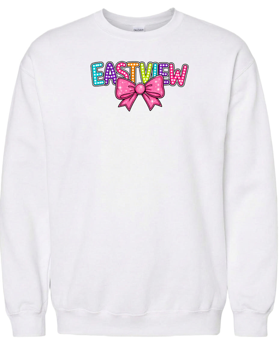 A white sweatshirt with a colorful bow and the word "EASTVIEW" printed on it.