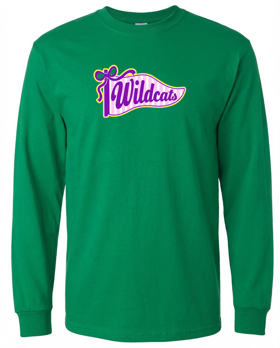 A long-sleeved green t-shirt with a purple and yellow graphic design on the front.