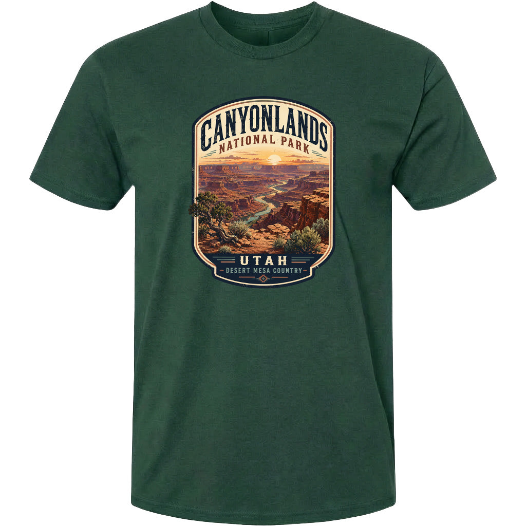 A green t-shirt with a graphic design depicting a scenic landscape of the Canyonlands National Park in Utah.