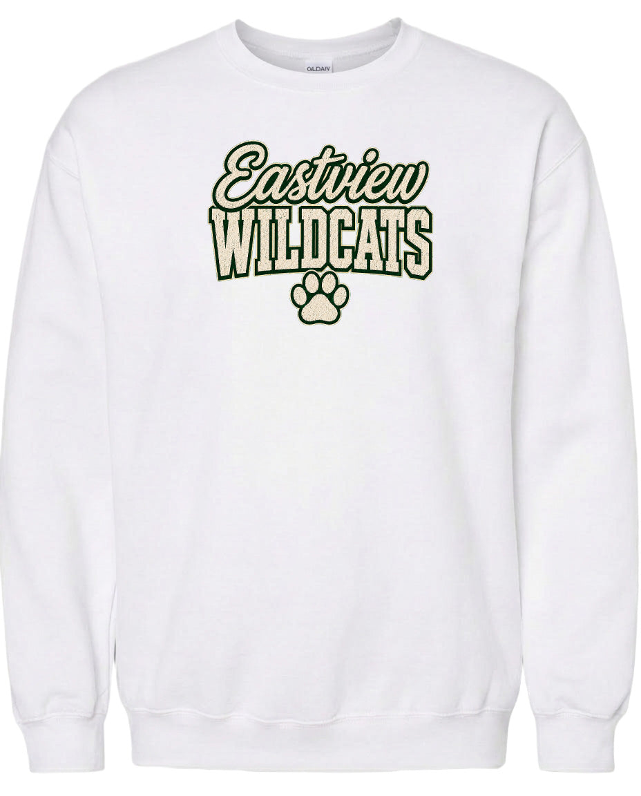 A white sweatshirt with the text "Eastview Wildcats" printed on it.