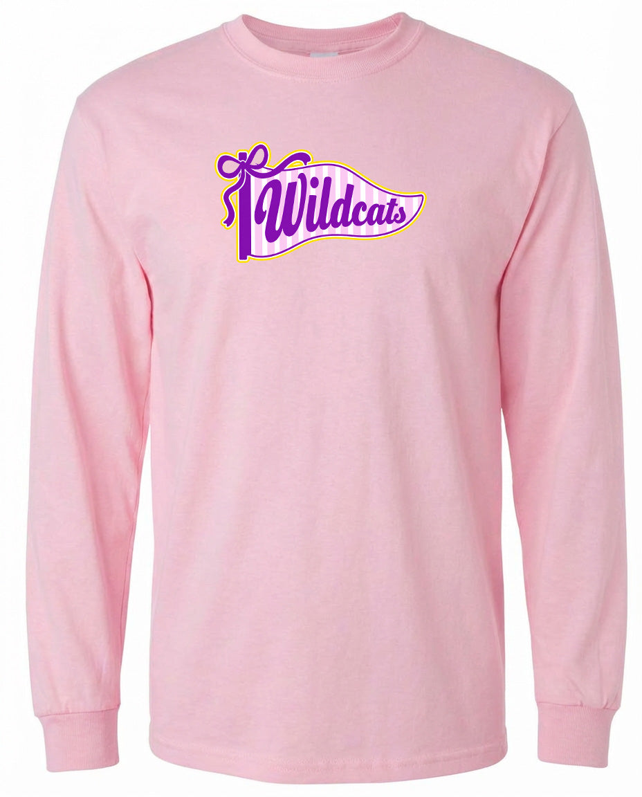 A pink long-sleeved t-shirt with a purple and yellow graphic design featuring the text "Wildcats" on it.
