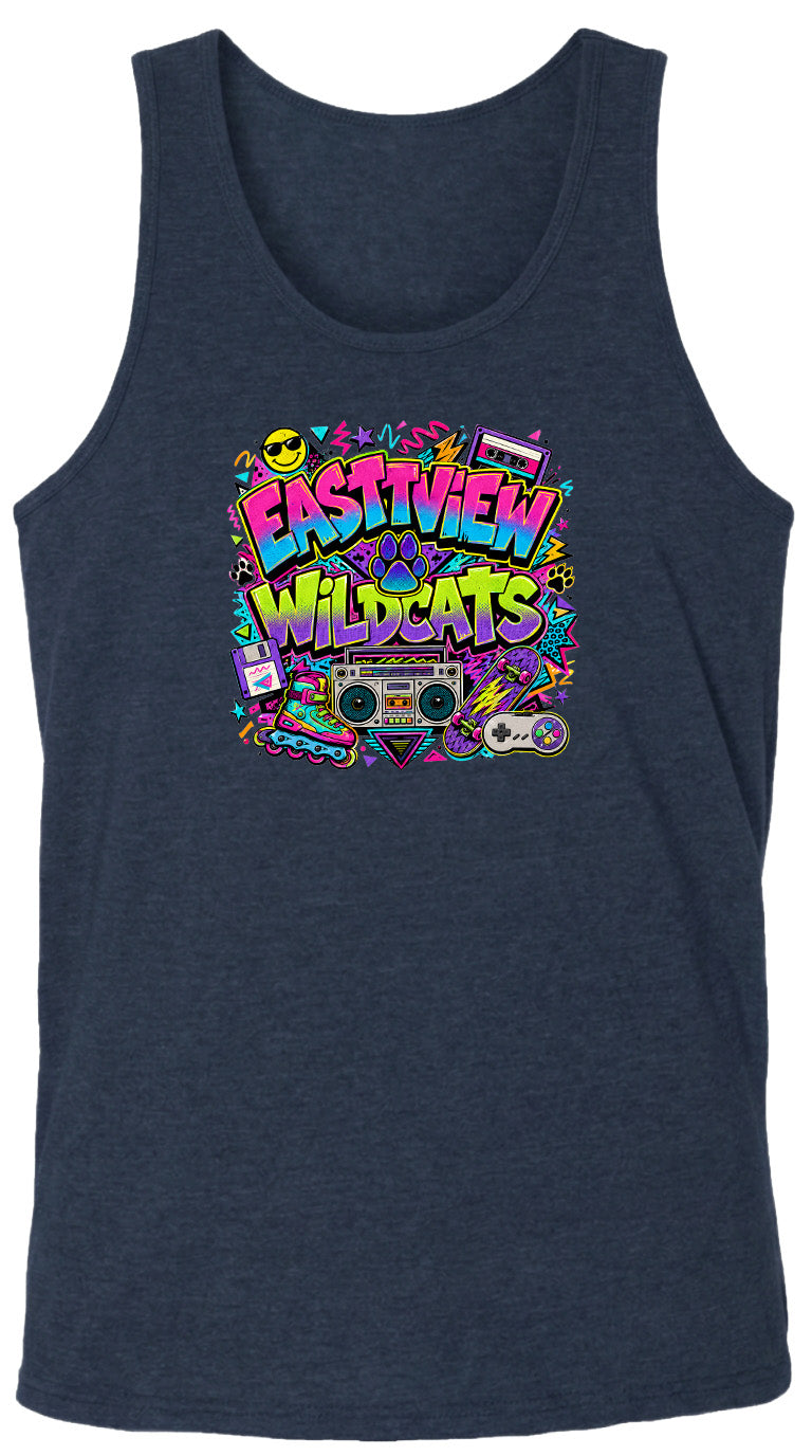 A dark blue tank top with a colorful graphic design featuring the text "EASTVIEW WILDCATS" surrounded by various icons and elements, such as a boombox, cassette tape, and other retro-style objects.