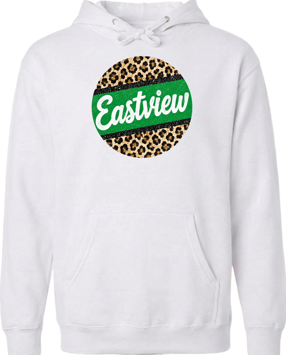 A white hoodie with a circular design featuring a leopard print pattern and the word "Eastview" written in green text.