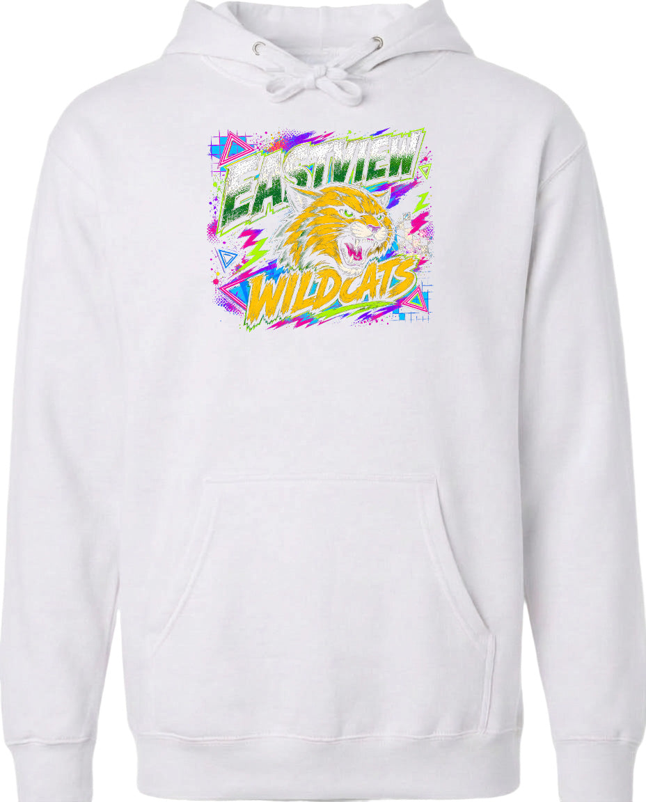 A white hoodie with a graphic design featuring a tiger's face and the text "EASTVIEW WILD cats" printed on it.
