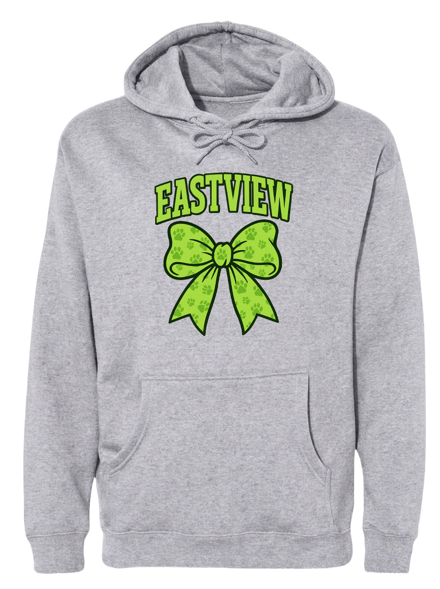 A gray hoodie with a green bow and the text "EASTVIEW" printed on it.