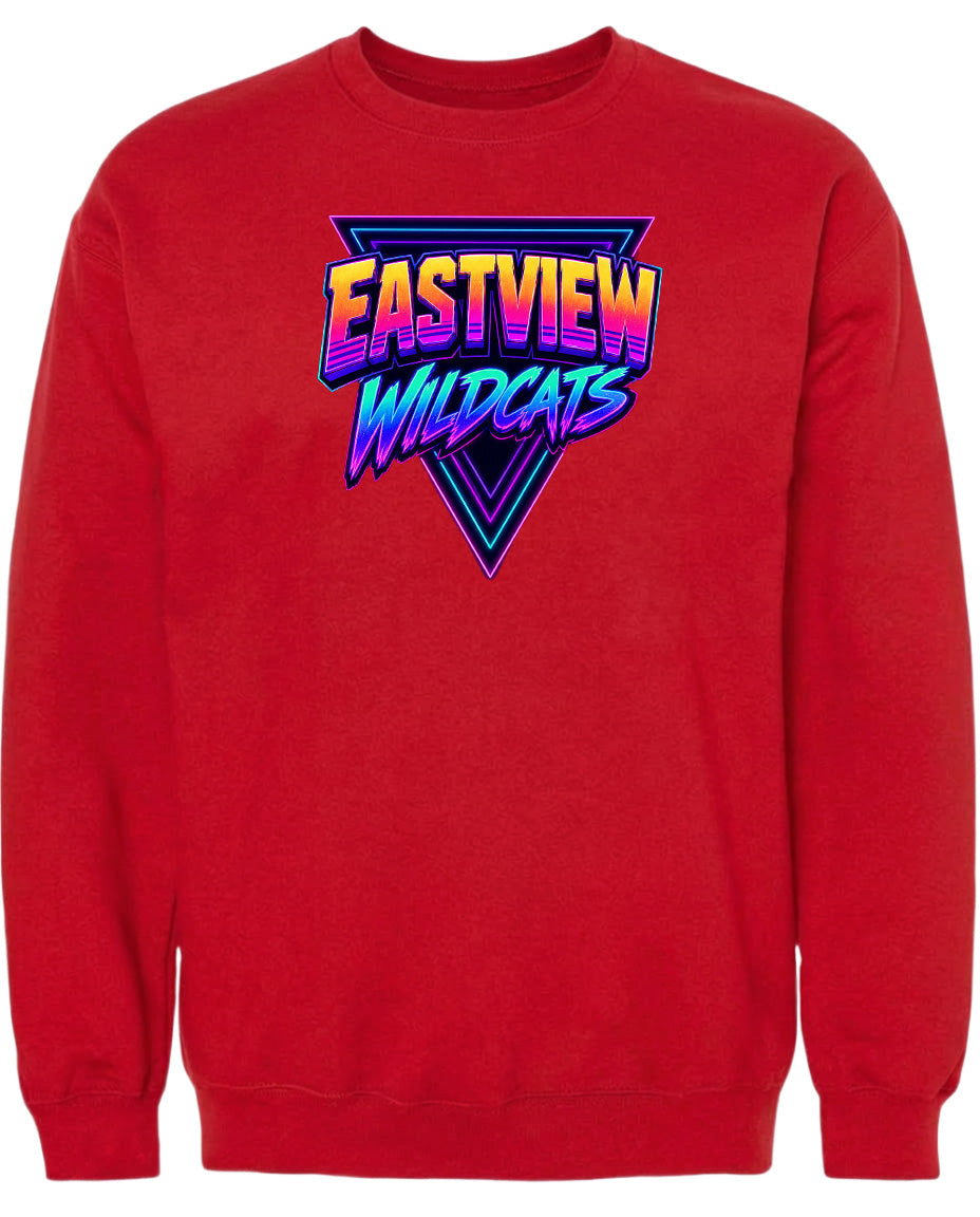 A red sweatshirt with a graphic design featuring the text "EASTVIEW WILDCATS" in a stylized font.