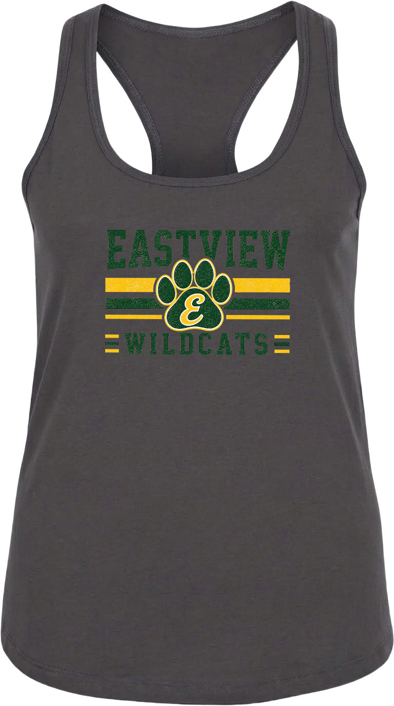 A gray tank top with a graphic design featuring the text "EASTVIEW WILDCATS" and a paw print logo.