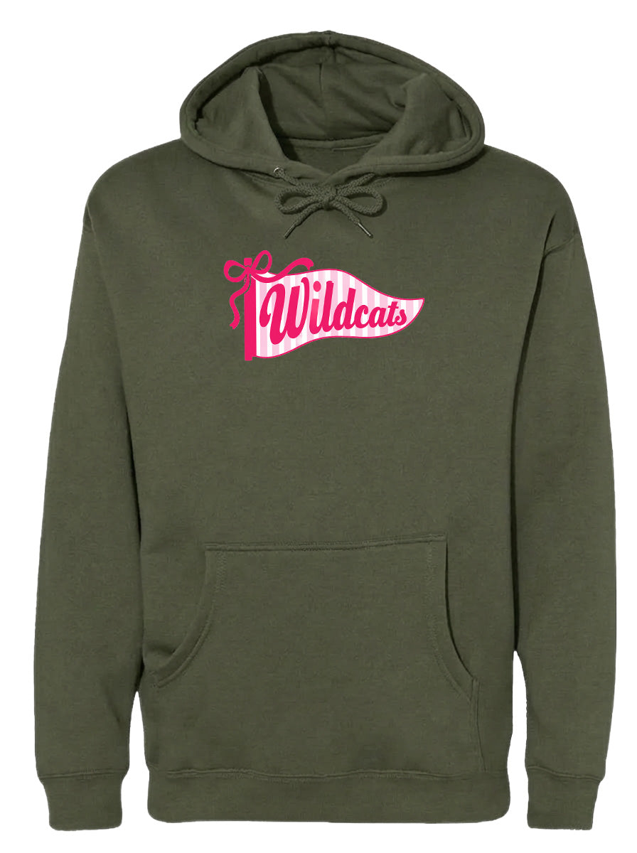 A green hoodie with a pink banner that says "Wildcats" on it.