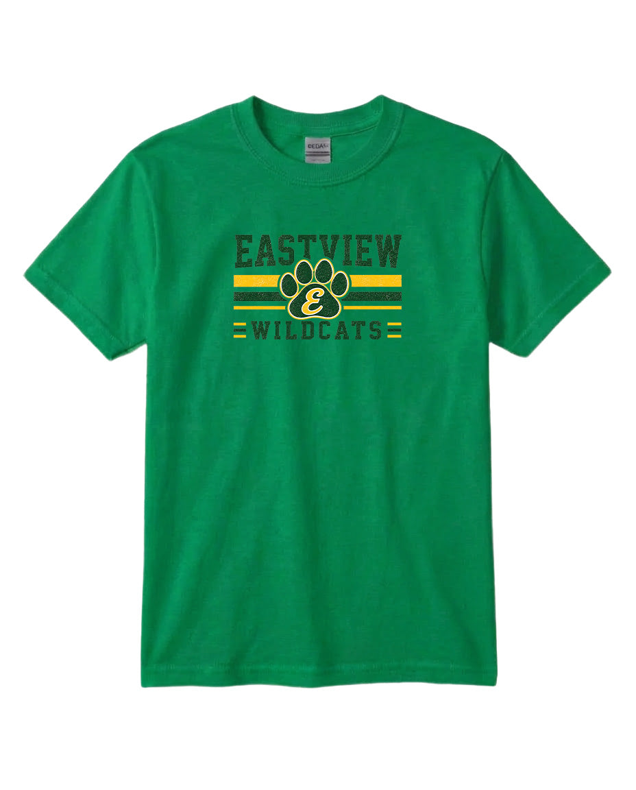 A green t-shirt with a graphic design featuring a paw print and the text "EASTVIEW WILDCATS" printed on it.
