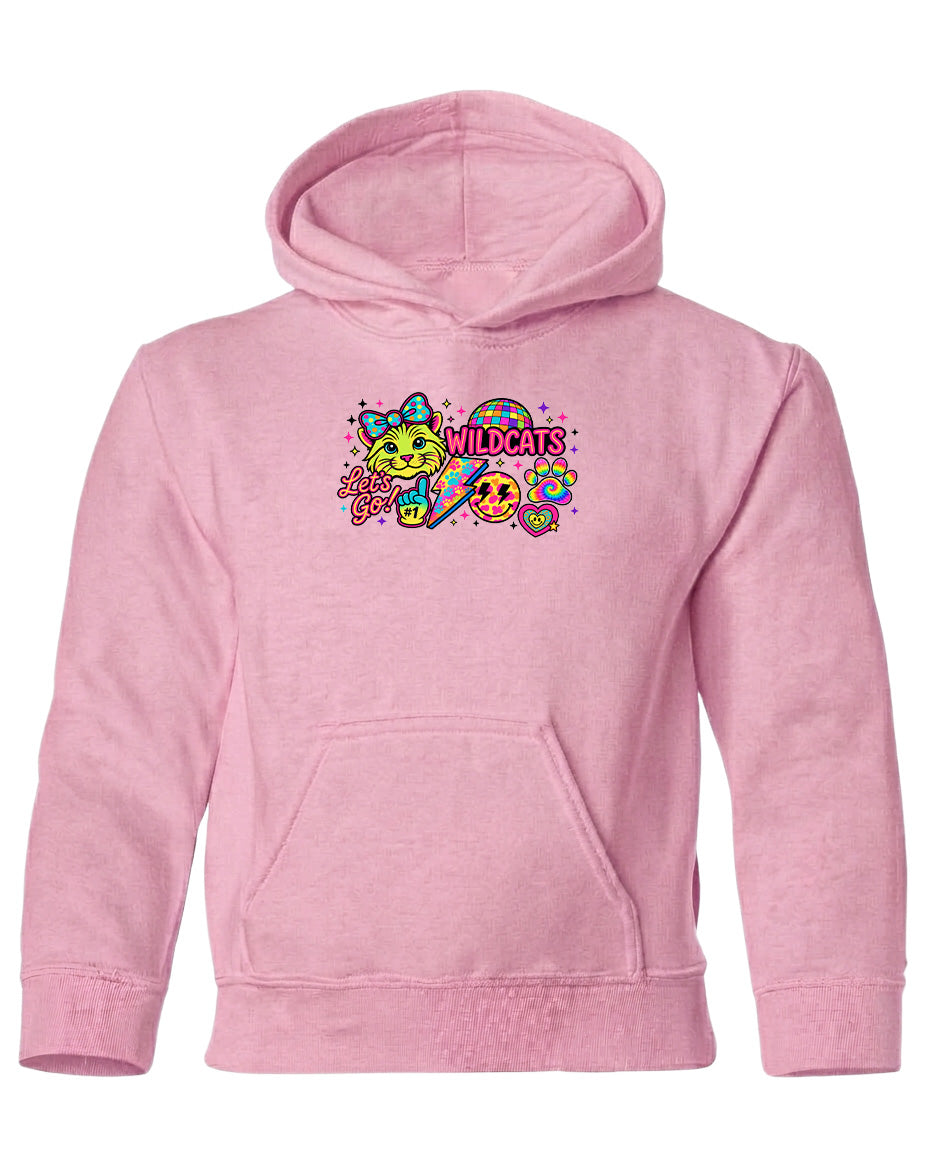 A pink hoodie with a colorful graphic design featuring a cat and the text "WILDCATS" on the front.