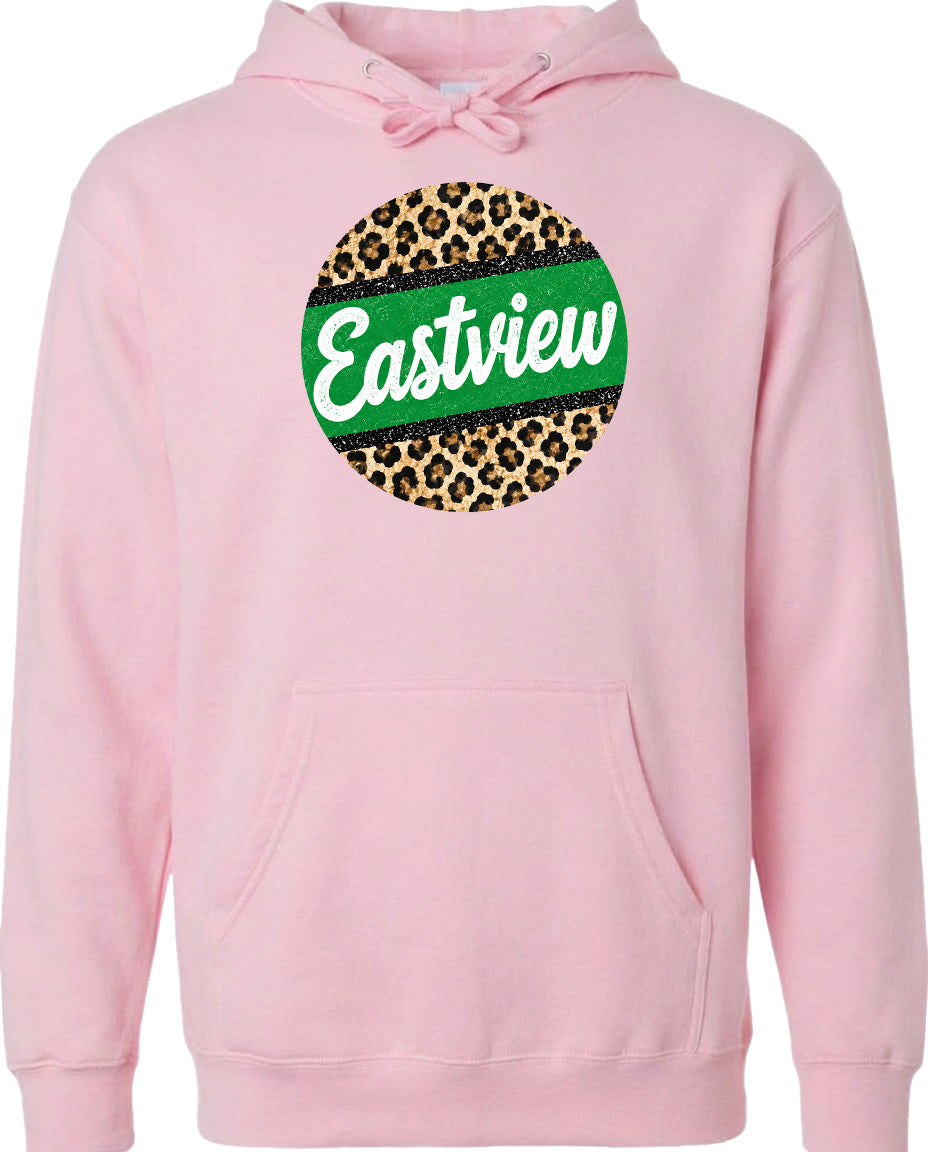 A pink hoodie with a leopard print design and the word "Eastview" printed on it.