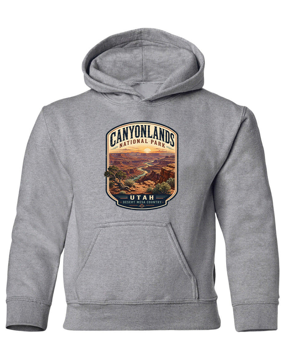 A gray hooded sweatshirt with a graphic design depicting the Canyonlands National Park in Utah.