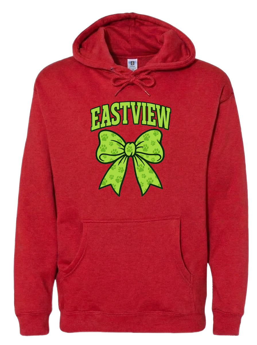 A red hoodie with a green bow and the word "EASTVIEW" printed on it.