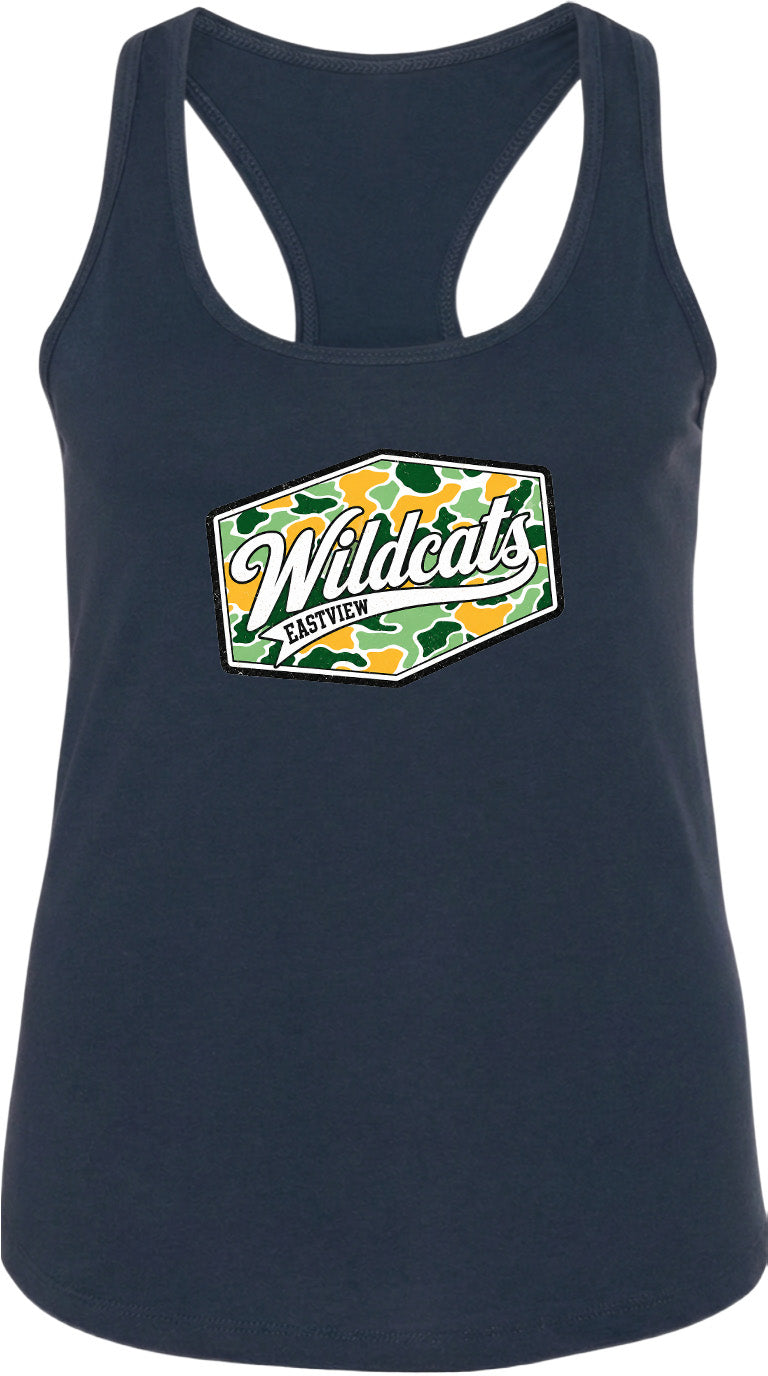 A navy blue tank top with a graphic design on the front.