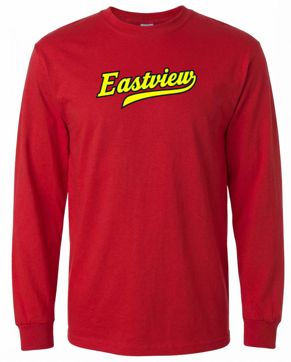A red long-sleeved t-shirt with the word "Eastview" printed in yellow on the front.