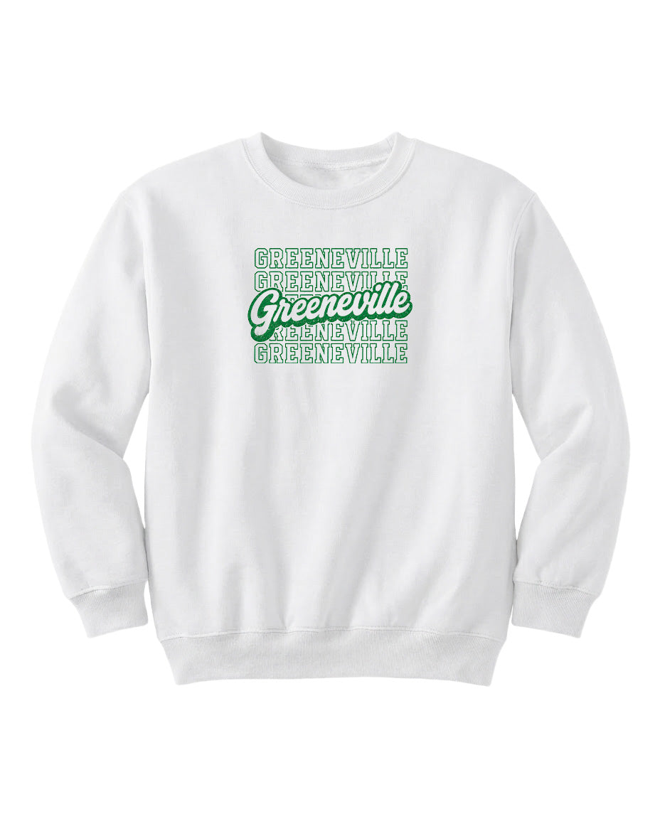 A white sweatshirt with the text "Greenville" printed in green on the front.