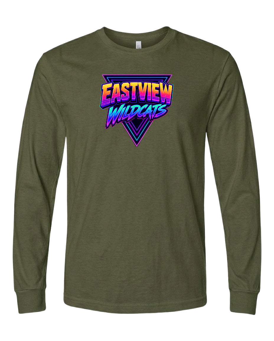 A long-sleeved olive green t-shirt with a graphic design featuring the text "EASTVIEW WILDCATS" in a colorful, retro-style font.