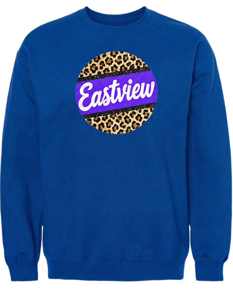 A blue sweatshirt with a leopard print design and the word "Eastview" printed on it.