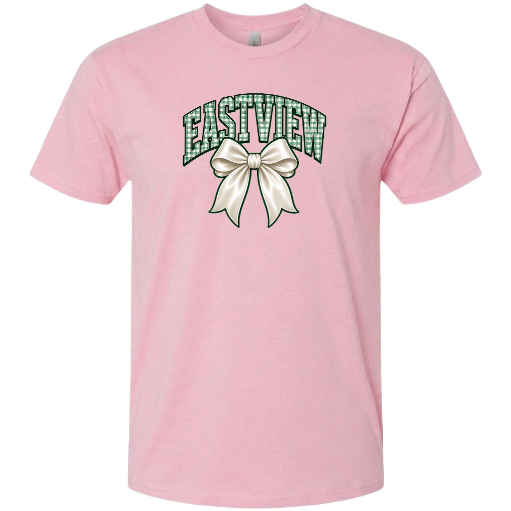 A pink t-shirt with a graphic design featuring a bow and the word "EASTVIEW" printed on it.