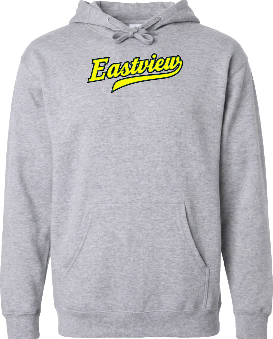 A gray hoodie with a yellow text logo on the front.
