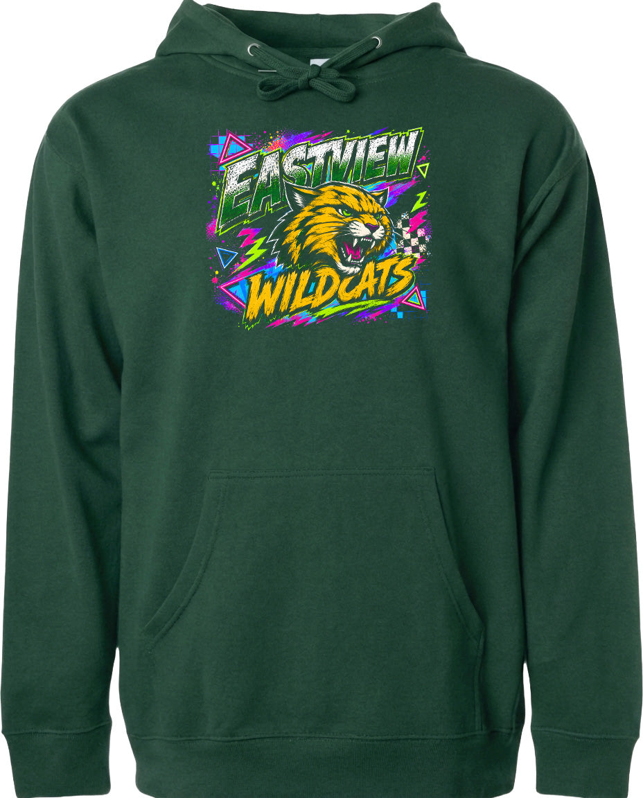 A green hoodie with a graphic design featuring a cartoon-like wildcat's head and the text "EASTVIEW WILDCATS" printed on it.
