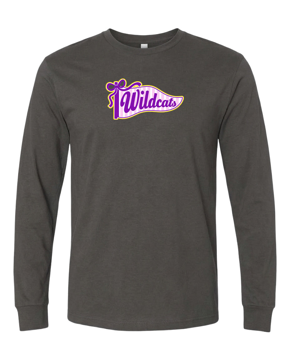 A gray long-sleeved t-shirt with a purple and yellow graphic design on the front.