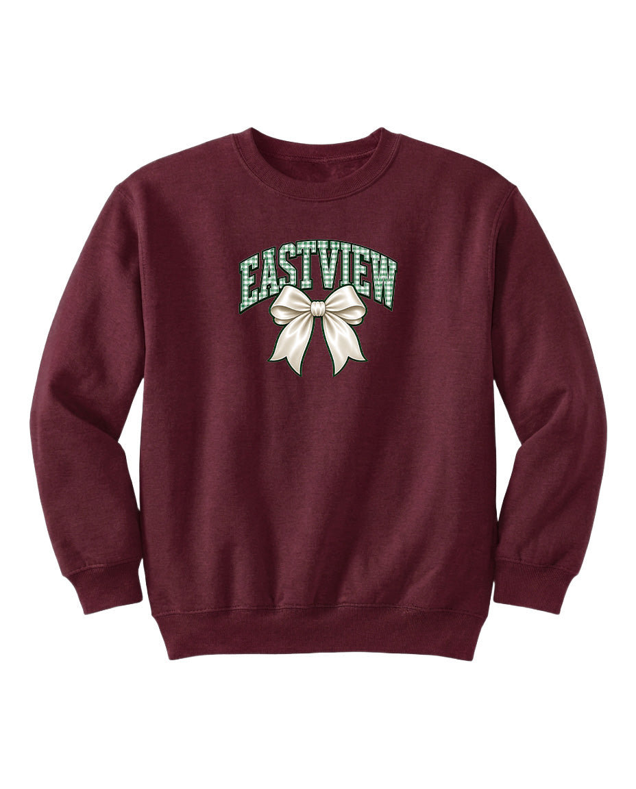 A burgundy sweatshirt with a white bow and the word "EASTVIEW" printed on it.