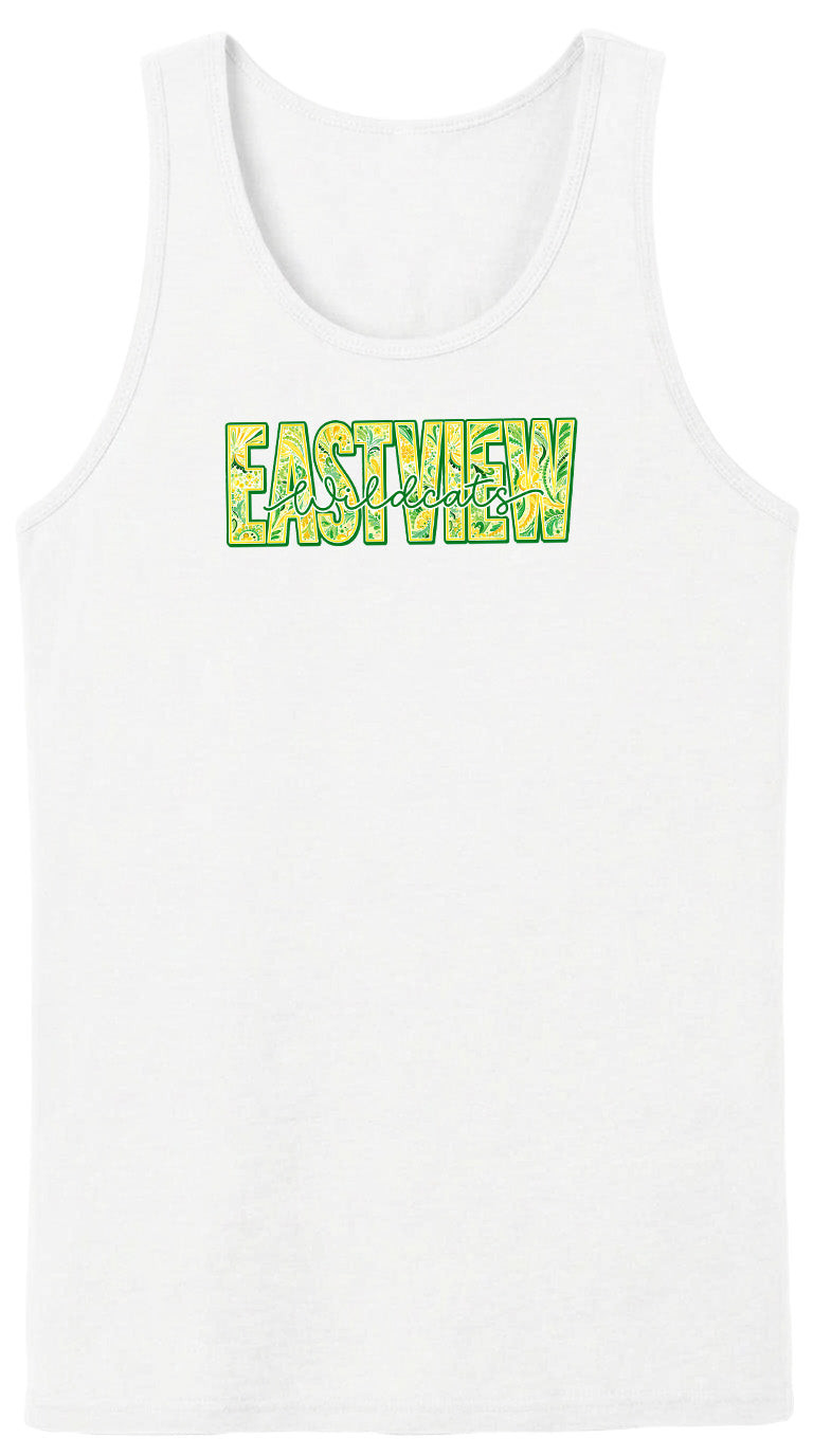 A white tank top with the word "EASTVIEW" printed in green and yellow letters across the front.