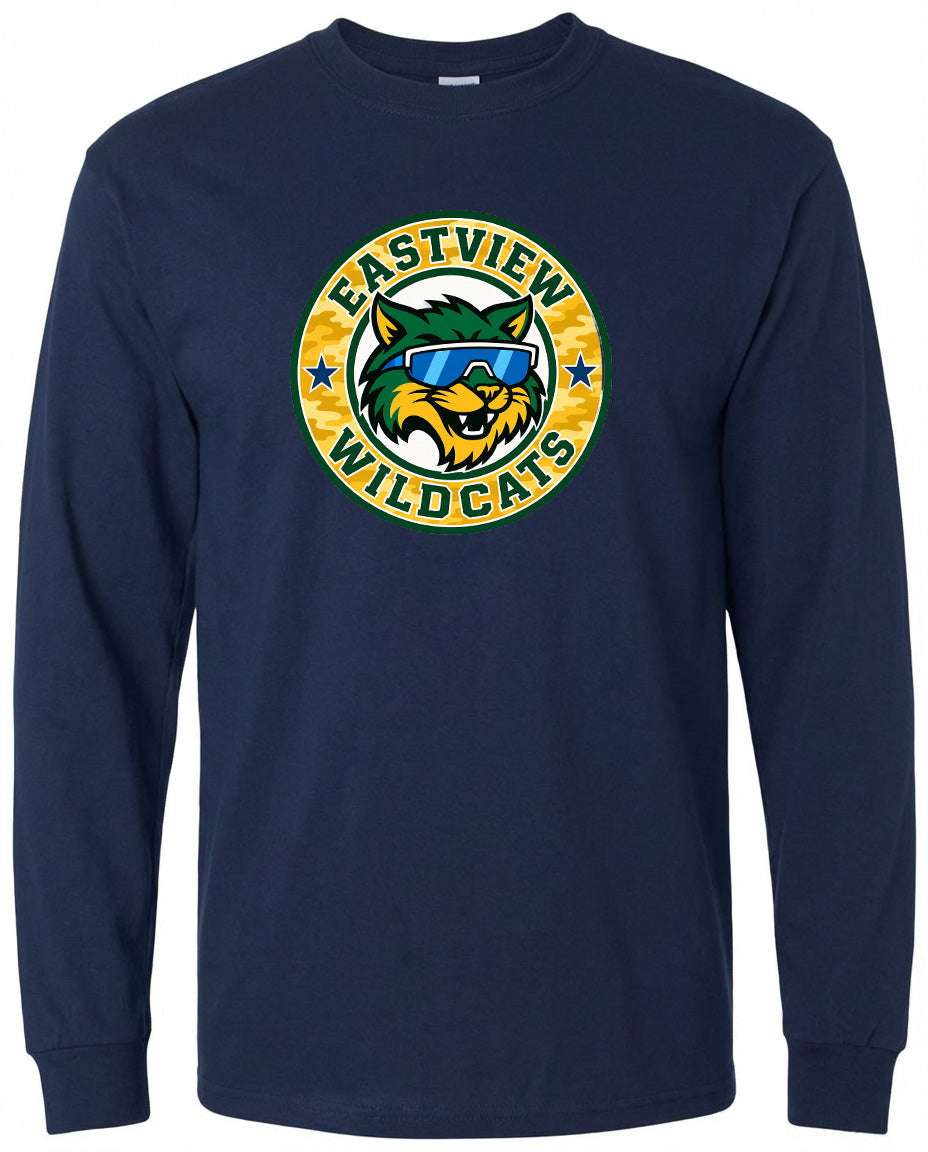 A navy blue long-sleeved shirt with a graphic design featuring a cartoon-like cat wearing sunglasses and the text "EASTVIEW WILDCATS" around it.