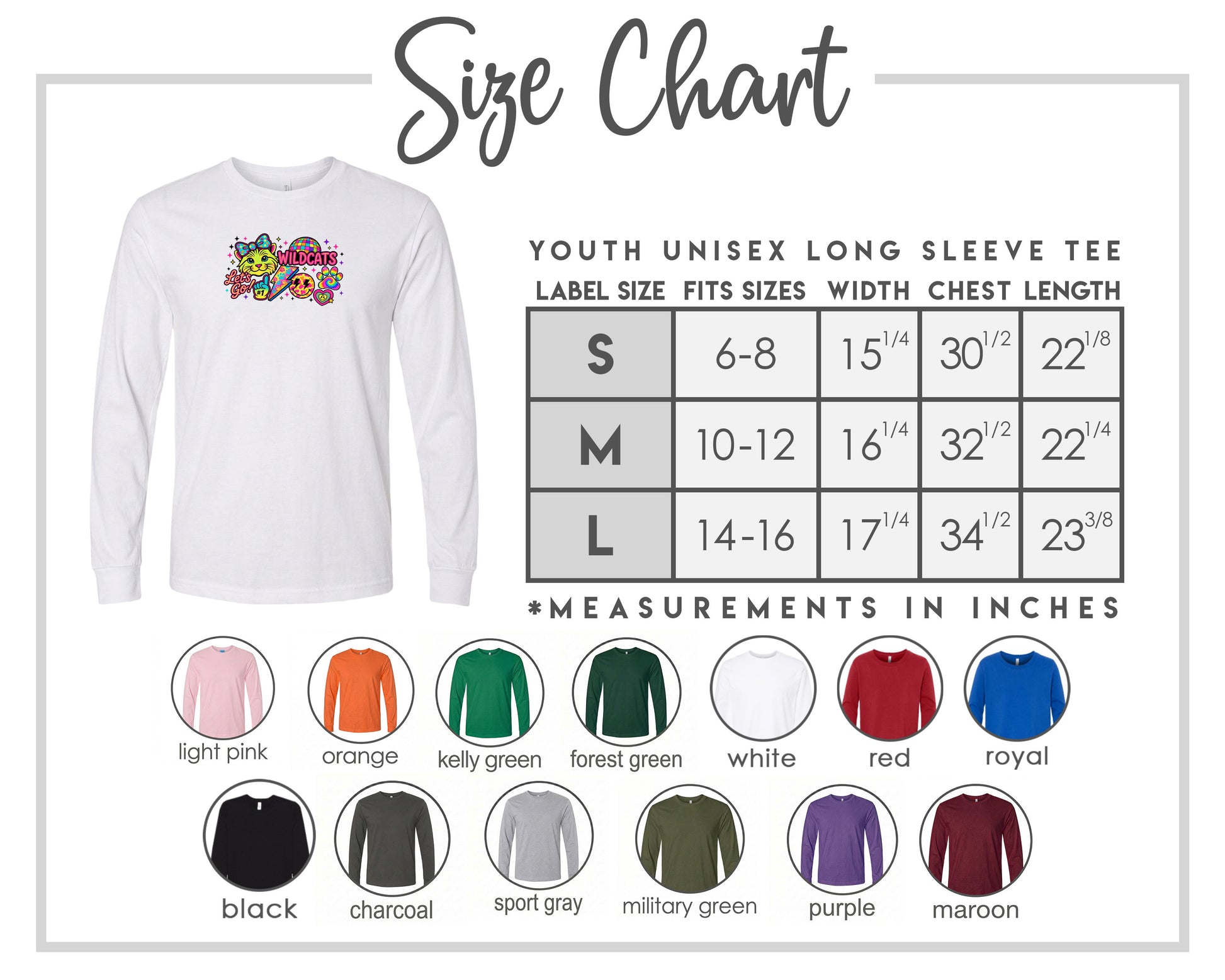 The image is a size chart for a youth unisex long sleeve tee, providing measurements for different age groups and sleeve length.