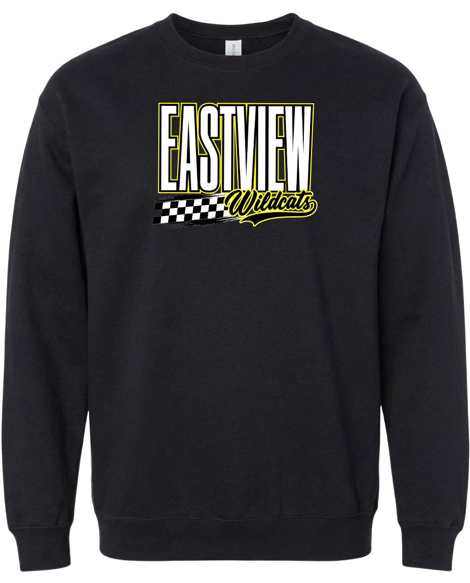 A black sweatshirt with a graphic design featuring the text "EASTVIEW Wildcats" in yellow and white.