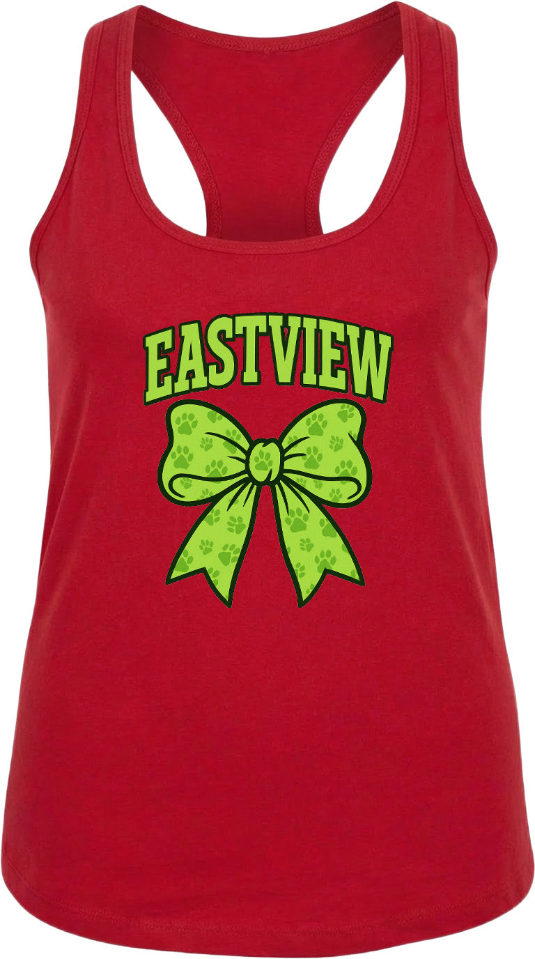 A red tank top with a green bow and the word "EASTVIEW" printed on it.