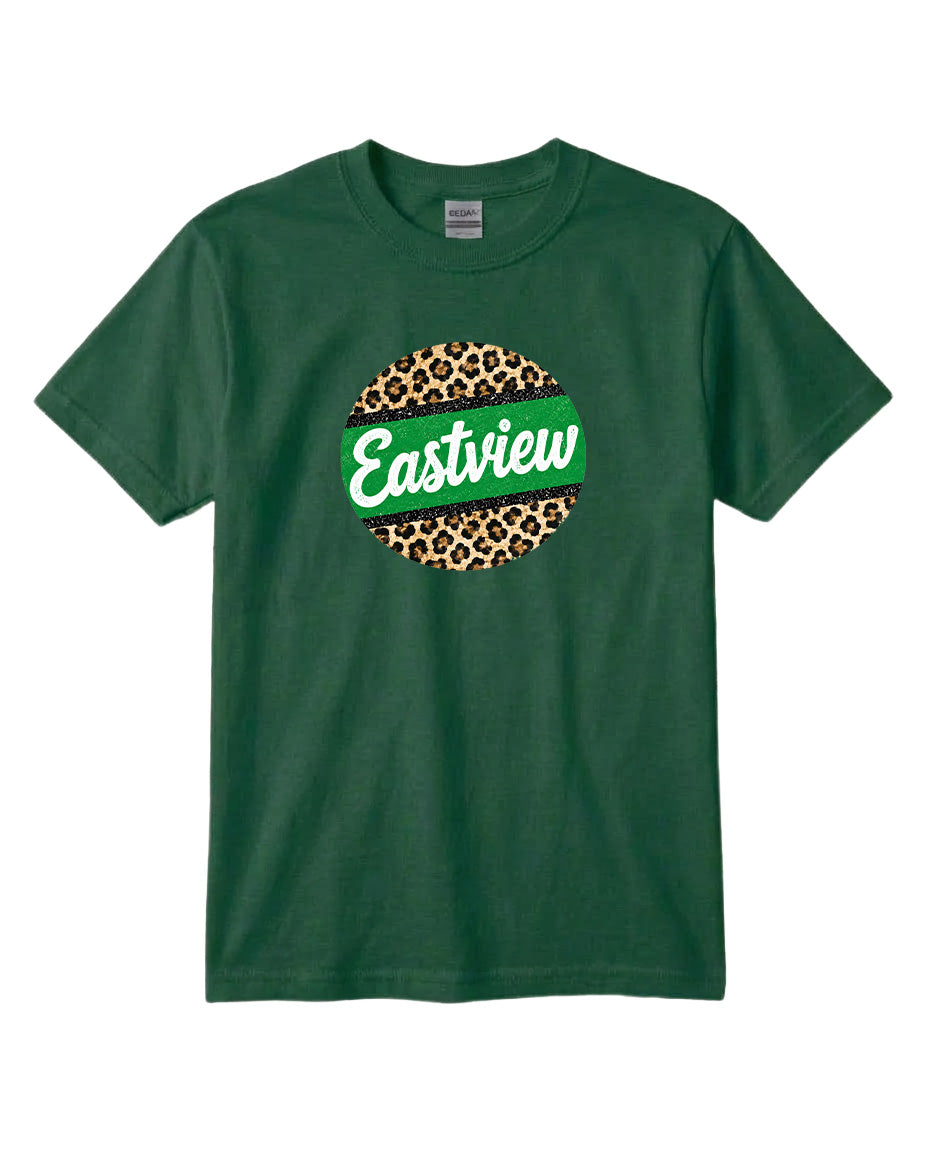 A green t-shirt with a circular logo that says "Eastview" in white text.