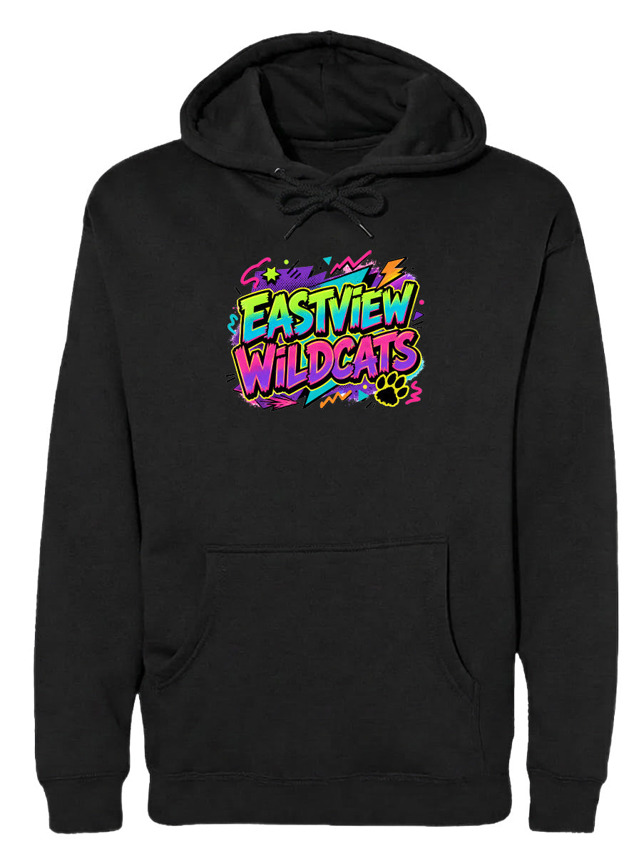 A black hoodie with a colorful graphic design on the front.