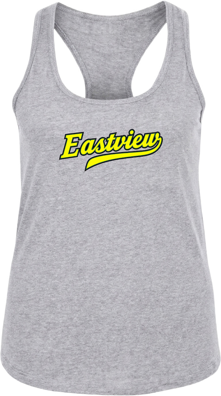A gray tank top with the word "Eastview" printed in yellow on the front.
