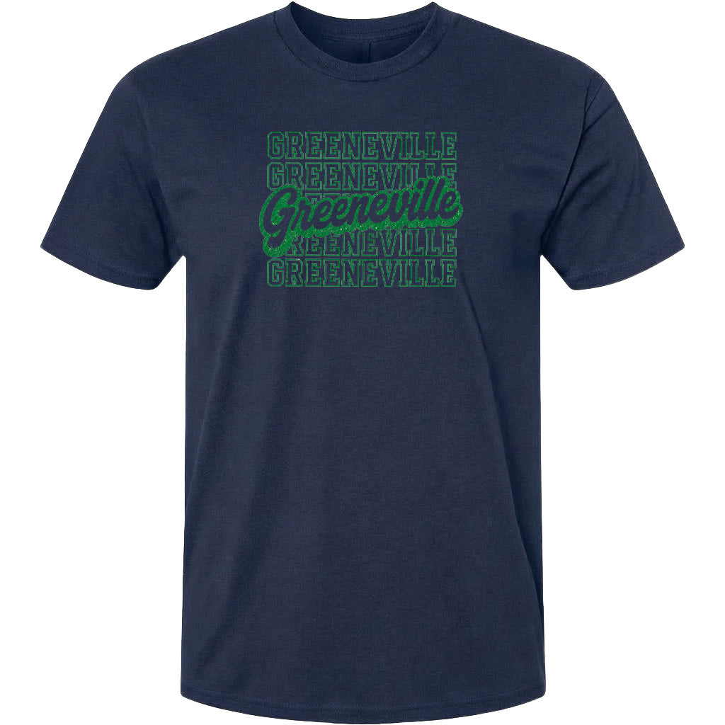 A navy blue t-shirt with the text "Greenville" printed in green on it.