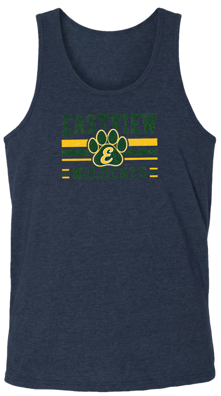 A navy blue tank top with a graphic design featuring a paw print and the text "EASTVIEW WILDCATS" printed on it.